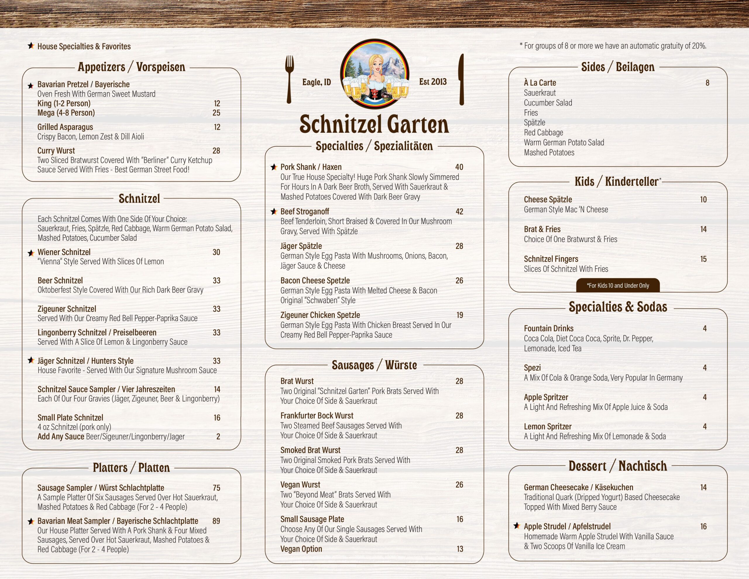 Menu for Schnitzel Garten restaurant featuring sections for appetizers, schnitzel, sausages, platters, sides, kids' meals, specialties, sodas, and desserts, with prices and dish descriptions.